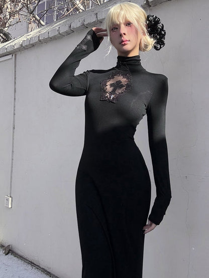 Gothic Black Coffin Cutout Cross Details High Neck Mermaid Skirt Maxi Dress