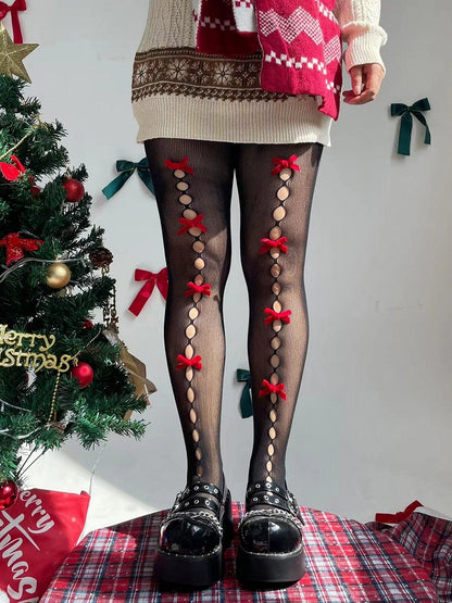 Black/White and Red Bowknots Cutout Tights