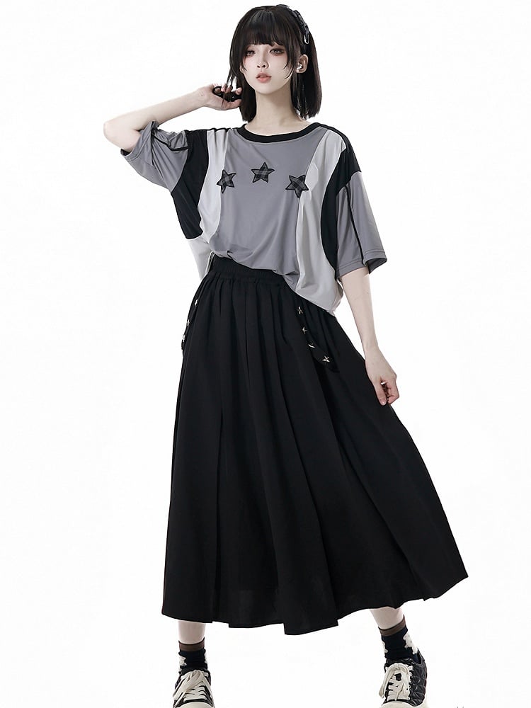 Black Elastic Waist Star Studs Skirt Long/Short Version