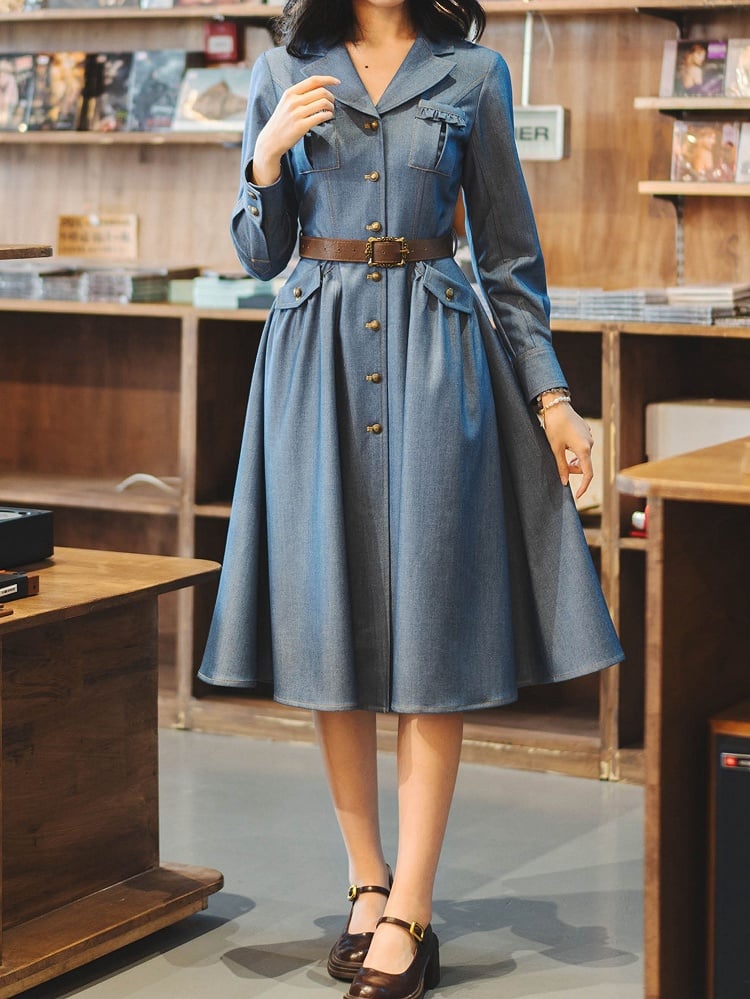 Retro-Style Elegant Long Sleeves Denim Dress with Brown Belt