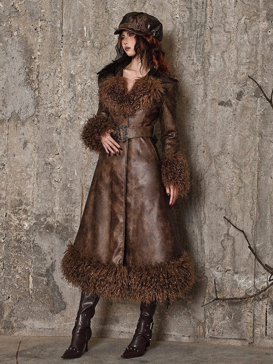 Brown Vintage Mailard Winter Padded Coat PU Leather Fabric