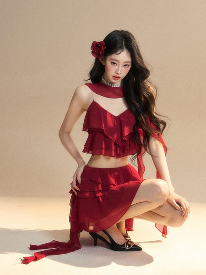 Clearance-Size M for Waist 64CM Red Chiffon Asymmetrical Ruffled Hem Slim-fitting Mini Tiered Skirt