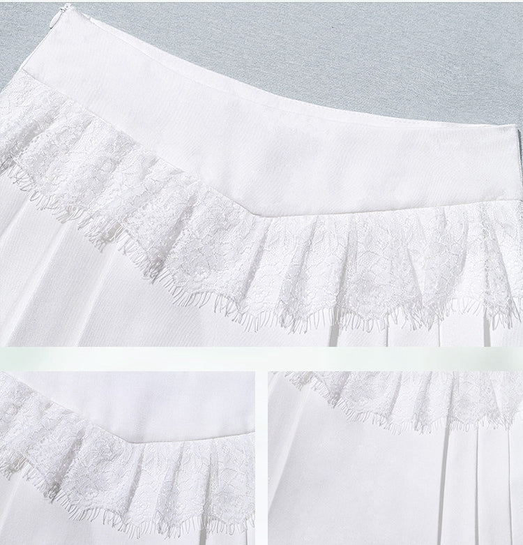 White Lace Raw Hem Fairy Goth Pleated Skirt