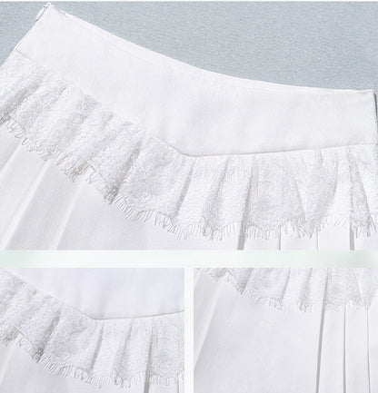 White Lace Raw Hem Fairy Goth Pleated Skirt