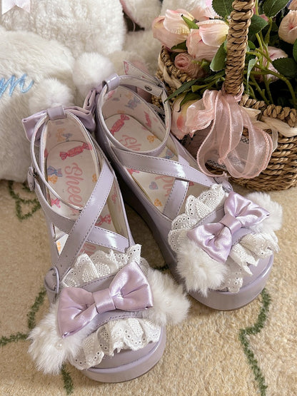 Purple Crisscross Design Plush Bunny Ear Decorated Bow at Top Platforms With Pompon
