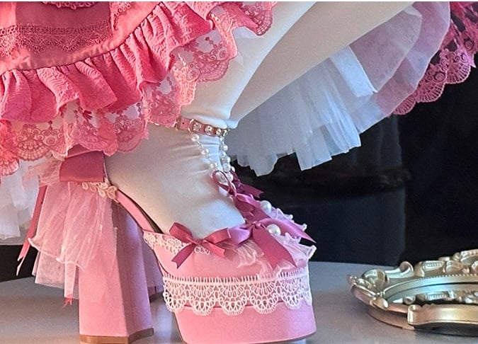Pink Bows Lace Trim Rhinestone Ankle Strap 14CM Block Heel Hime Lolita Shoes with Beaded Chains