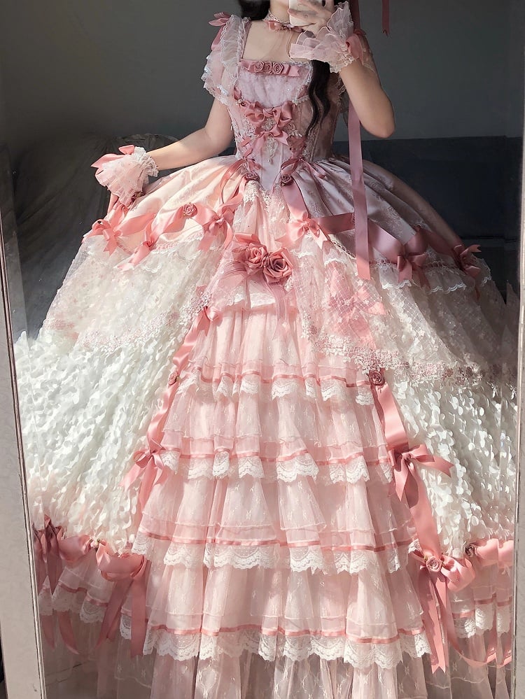 Pink Hanayome Lolita Hime Wedding Dress with Corset Waist and Rose Bow Accents Long Version