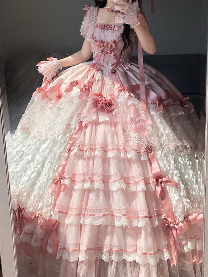Pink Hanayome Lolita Hime Wedding Dress with Corset Waist and Rose Bow Accents Long Version