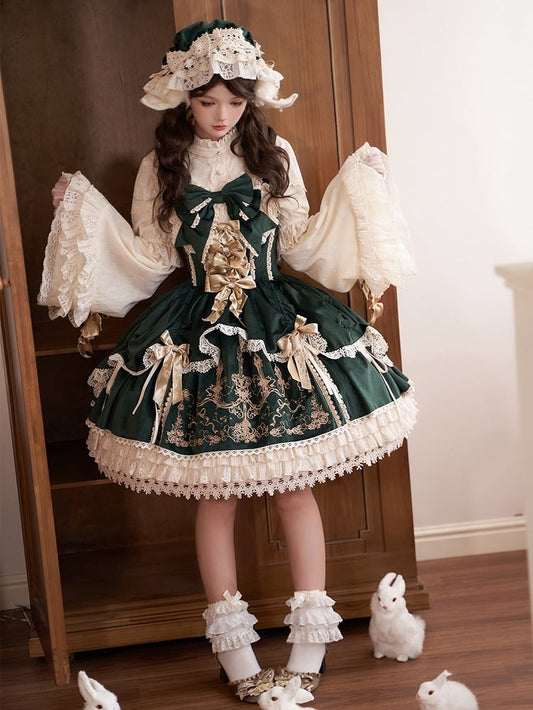 Bows Decoration Candle Embroidery Green Velvet Dress Lolita JSK / Set