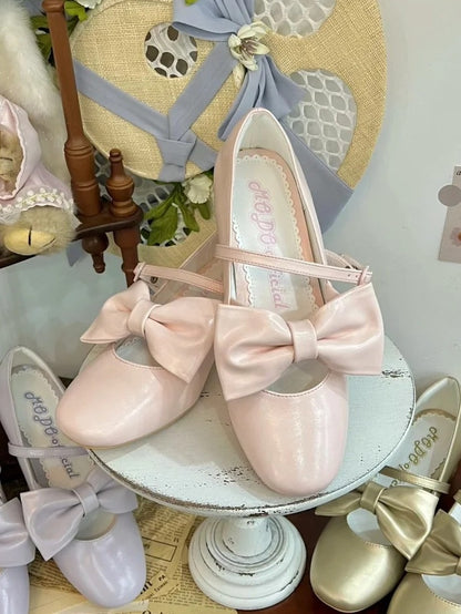 Bow at Top & Heart Buckle PU Pink Mid-heel Mary Jane Shoes in Elegant Lolita