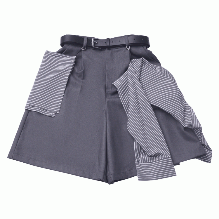 Gray Casual Shorts with Striped Accessory and Buckle Belt