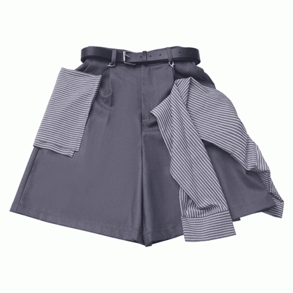 Gray Casual Shorts with Striped Accessory and Buckle Belt