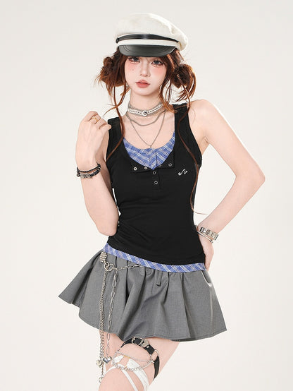 Black and Blue Plaid Faux Two-pieces Slim-fitting Tank Top