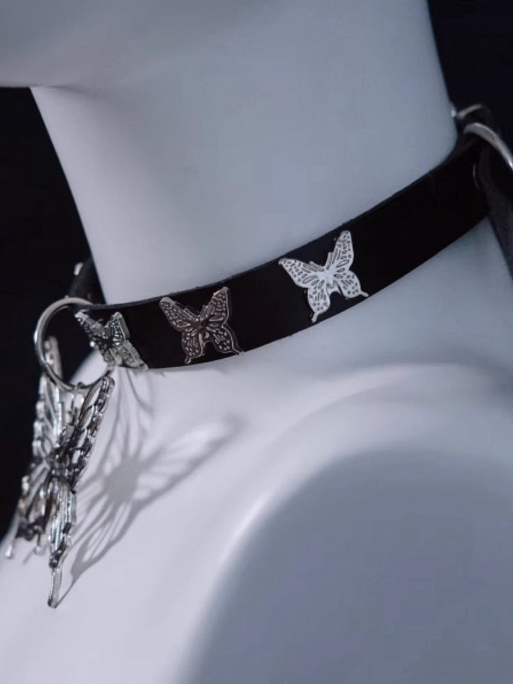 Handmade Metal Butterfly Pendant Gothic Black PU Choker