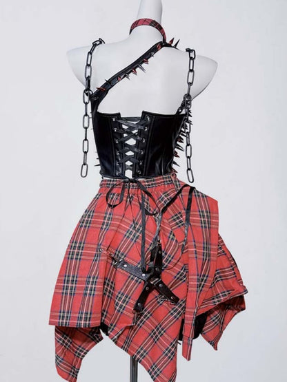 Black Punk Stud Pin Chain Detail PU Cami Top with Lace-up Closure at Back