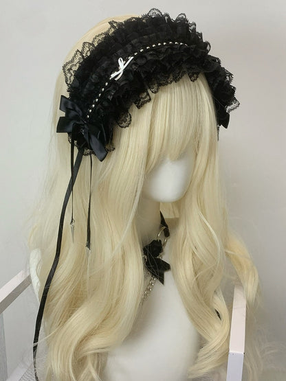 Black/White Studs Decorated Bowknot Details Ruffled Hairband