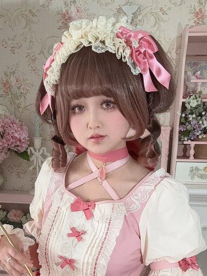 Beige&Pink Bowknot Details Ruffled Hairband