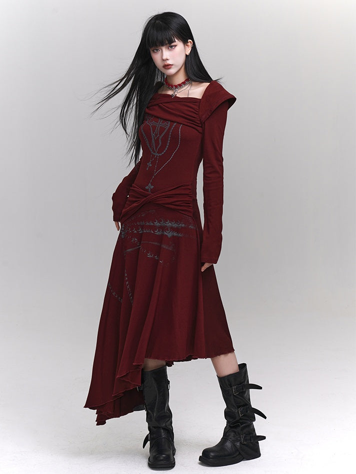 Wine Red Asymmetrical Neckline and Hem Twist Detail Cross Print Dress