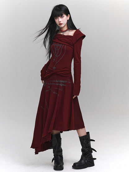 Wine Red Asymmetrical Neckline and Hem Twist Detail Cross Print Dress