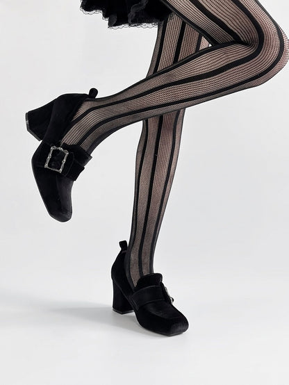 Gothic Velvet Black Square Toe High Block Heel Shoes