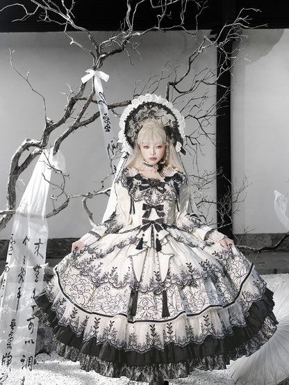 Shimmer Butterfly Fabric White and Black Chinoiserie Style Ink and Wash Lolita Dress Long Version