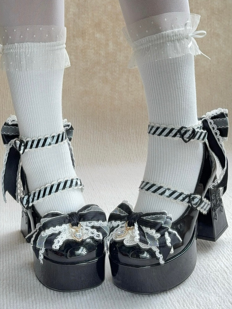 High Block Heel Elegant Black Mary Janes - Bowknot Details with Rhinestone Accents & Striped Closures
