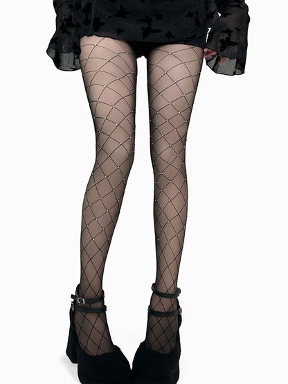 Black/White Rhinestone Decorated Fishnet Tights