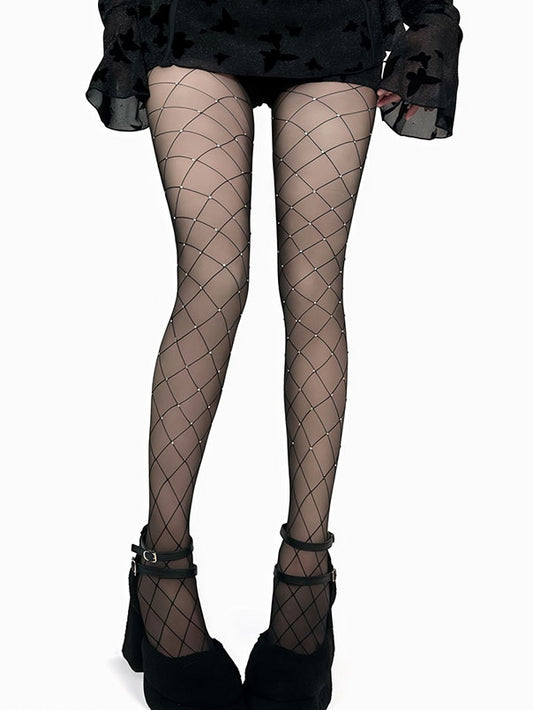 Black/White Rhinestone Decorated Fishnet Tights