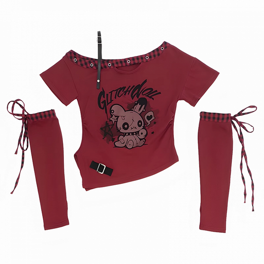 Red/Black Asymmetrical Neckline Bunny Print Y2K T-Shirt with Free Armwear