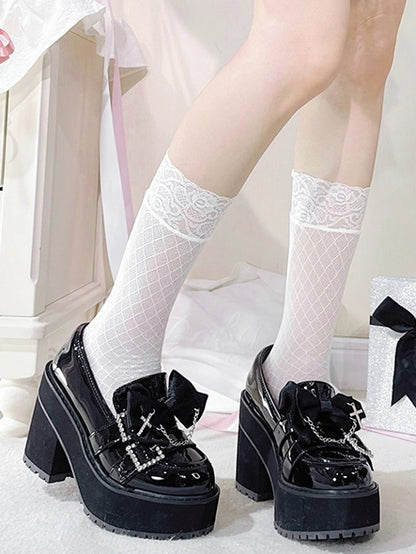 Polished Black Jirai Kei Cross Chain Decorated Bow Rhinestoned Buckles Platform Loafers