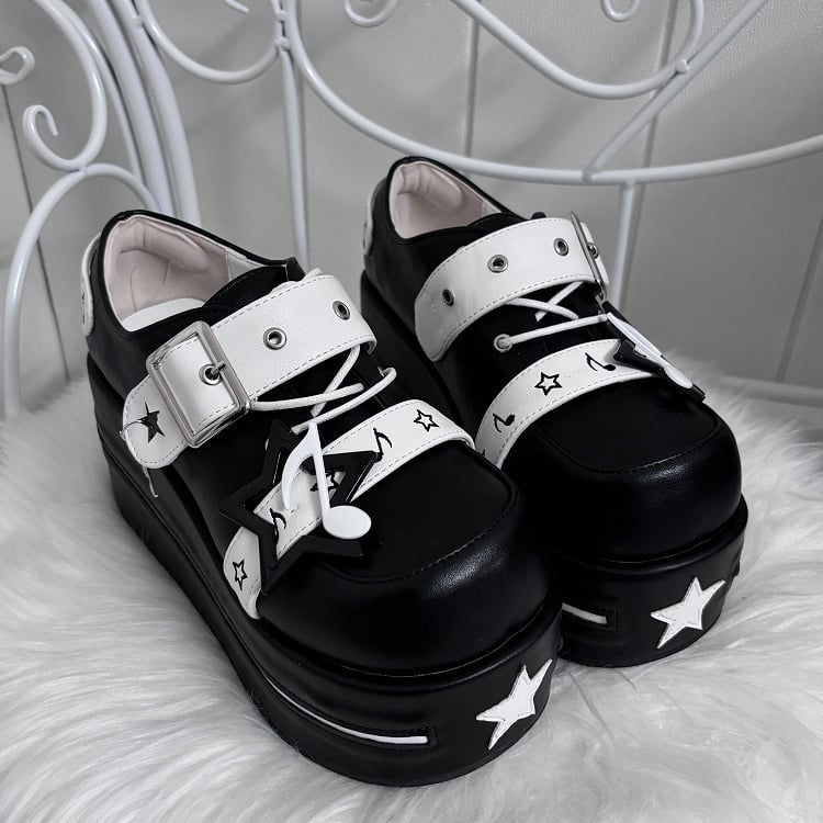 Black Jirai Kei Star Design Buckle Strap Platform Shoes