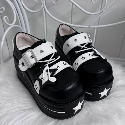 Black Jirai Kei Star Design Buckle Strap Platform Shoes