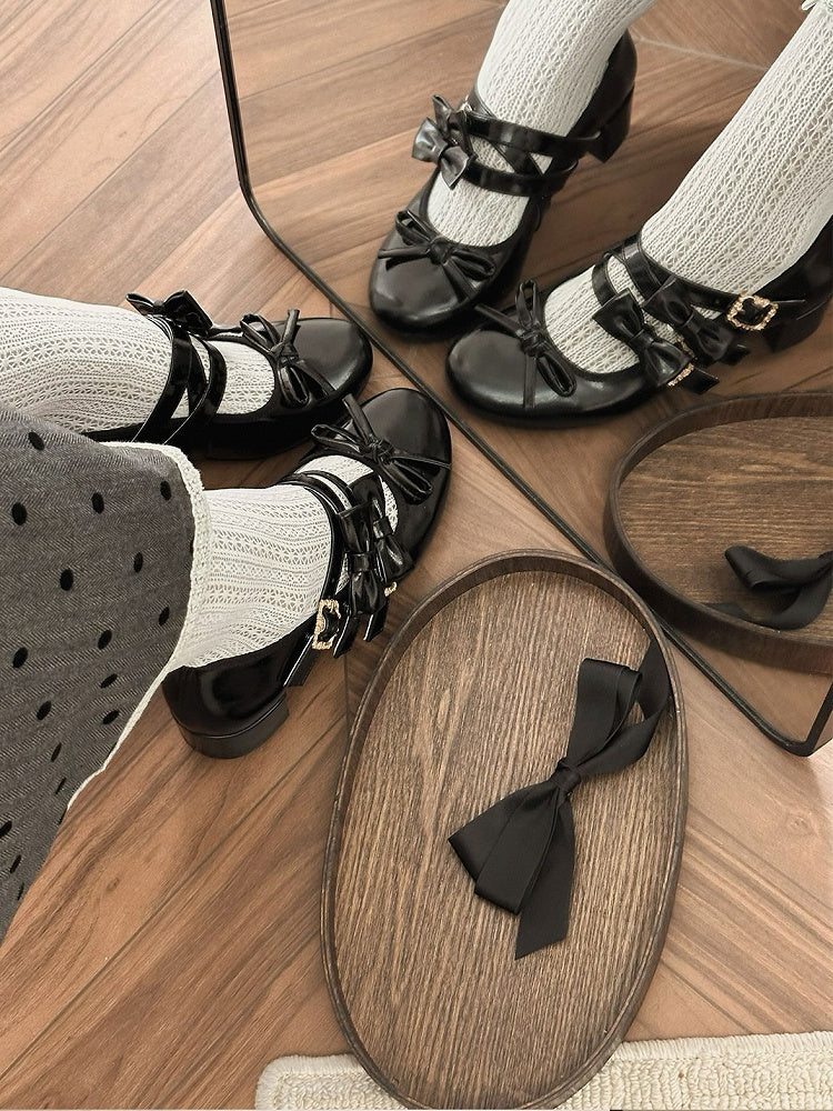 Black Bow at Top Crisscross Design Lolita Shoes Detachable Bowknots