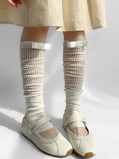 White/Gray Bowknot Details Ribbed Trim Leg Sleeves