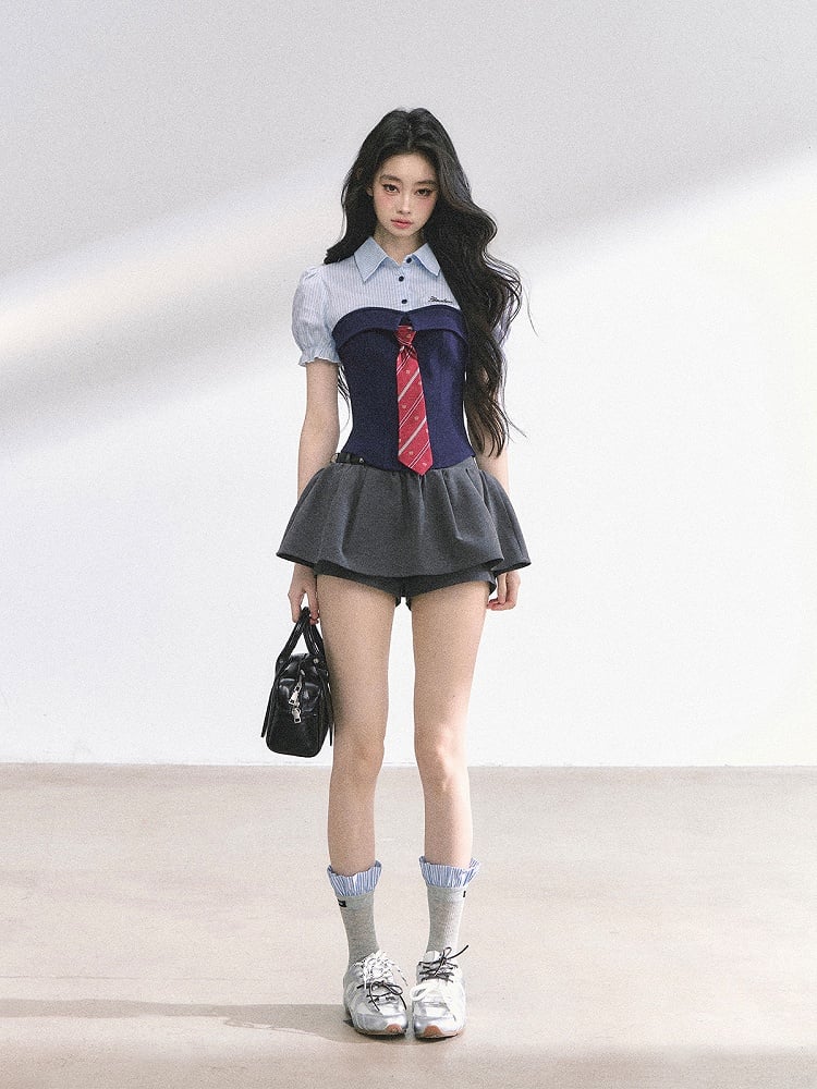 Gray & Pink / Navy Blue Striped T-shirt Faux Two-pieces with Free Tie