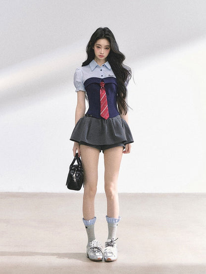 Gray & Pink / Navy Blue Striped T-shirt Faux Two-pieces with Free Tie