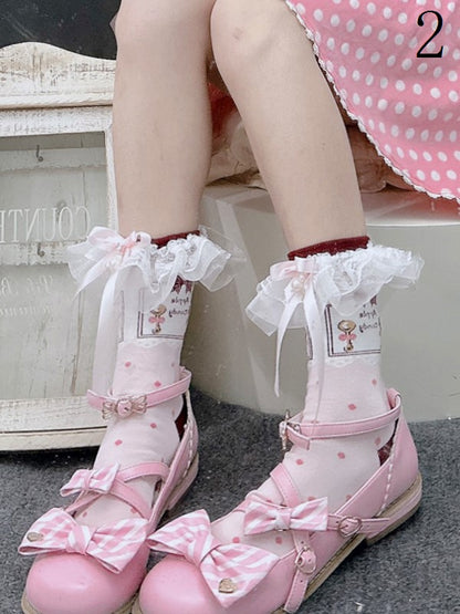 Pink Lolita Polka-dot Pattern Bowknot Details Lace Ruffled Cuffs Calf Socks With Pearls