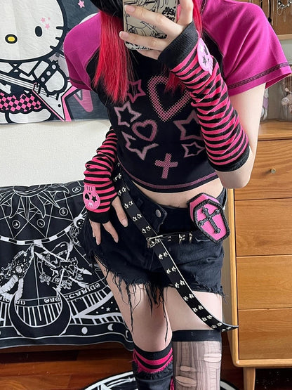 Stars and Sweethearts Print Black and Pink Cropped T-shirt