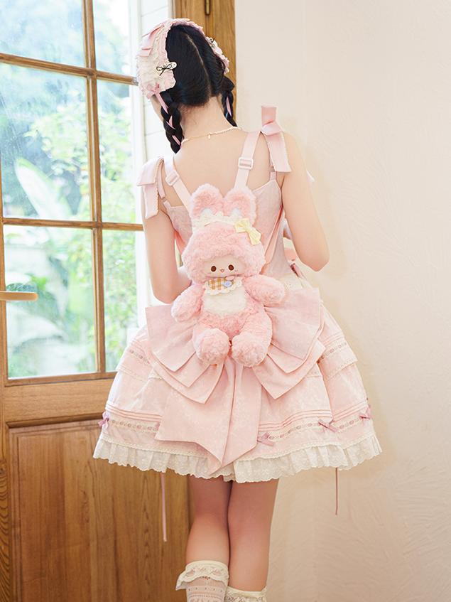 Pink Fluffy Bunny Plush Backpack With Detachable Shoulder Straps