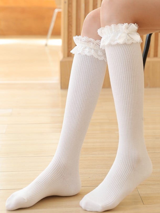 Black/White Lolita Lace Cuff Bowknot Details Calf Socks