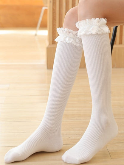 Black/White Lolita Lace Cuff Bowknot Details Calf Socks