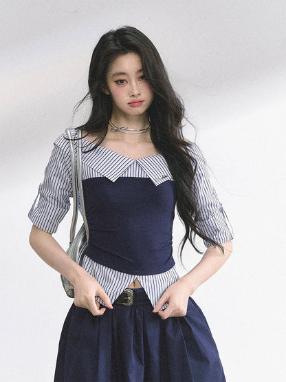 Off-the-shoulder Neckline Foldover Collar Gray/Navy Blue Striped Shirt