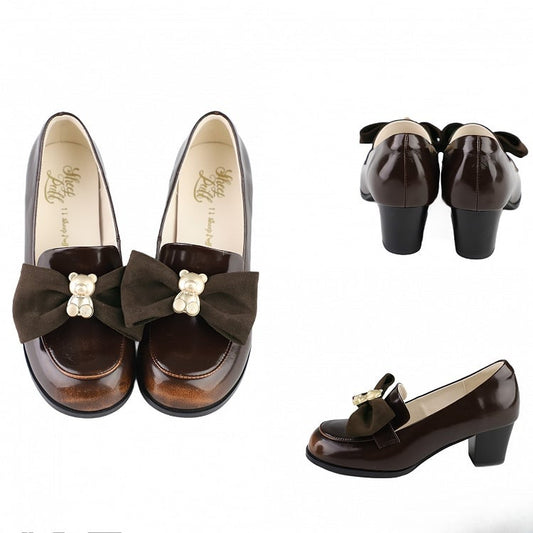 Brown Bear Decorated Bow at Top Loafers