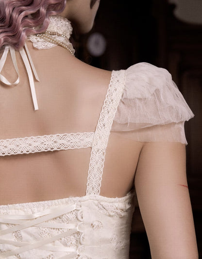 Romantic Goth Pink Bows Heart Cutout Light Cream Summer Slip Dress