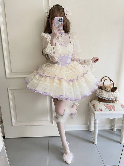 Purple Bows Print Basque Waist Balletcore Lolita Jumper Skirt