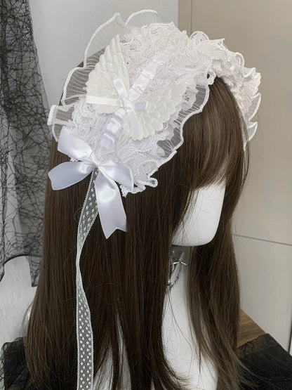 Black/White Wing Decorated Bowknot Details Ruffled Hairband