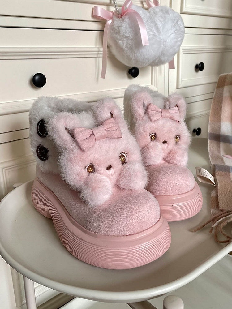 Plush Bunny Embellishments & Fleece Lining Pink Winter Boots in Sweet Lolita