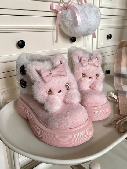 Plush Bunny Embellishments & Fleece Lining Pink Winter Boots in Sweet Lolita