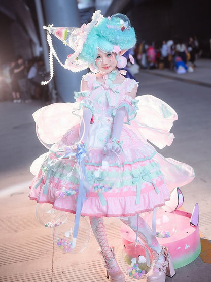 Pink and Green Watermelon Cake Bow Accents Tiered Skirt Sweet Lolita Dress