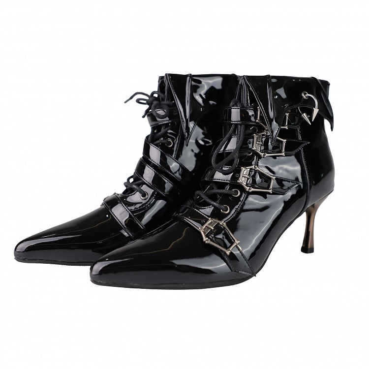 Coffin-shaped Buckle Straps Polished Black Gothic Lolita High Heels
